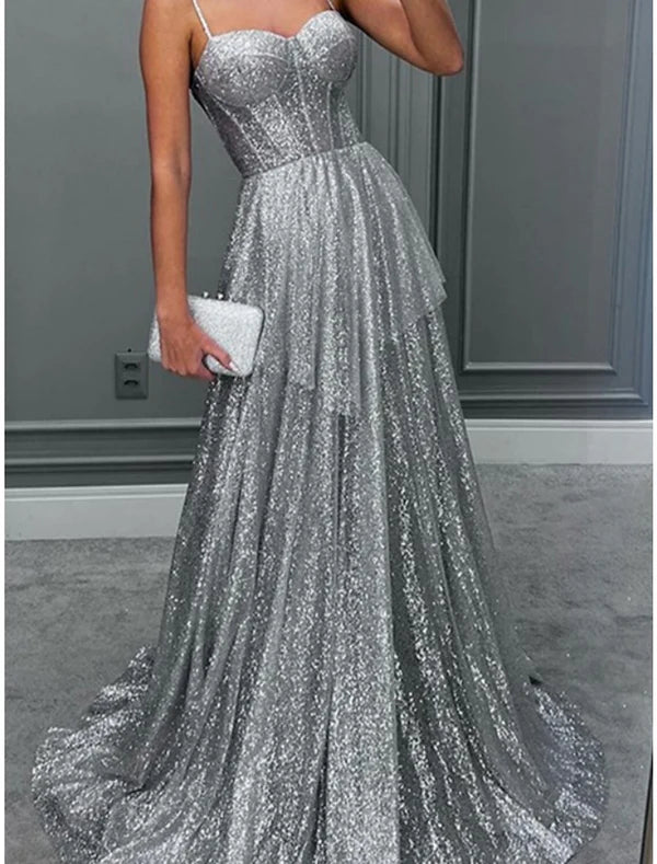 Luolandi A-Line Evening Gown Elegant Dress Formal Sweep / Brush Train Sleeveless Spaghetti Strap Sequined with Glitter Pleats Sparkly